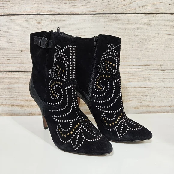 Aldo Jodetha Black Suede Ankle Bootie Heeled Boots 8.5 Silver Blonze Studs - Picture 2 of 12